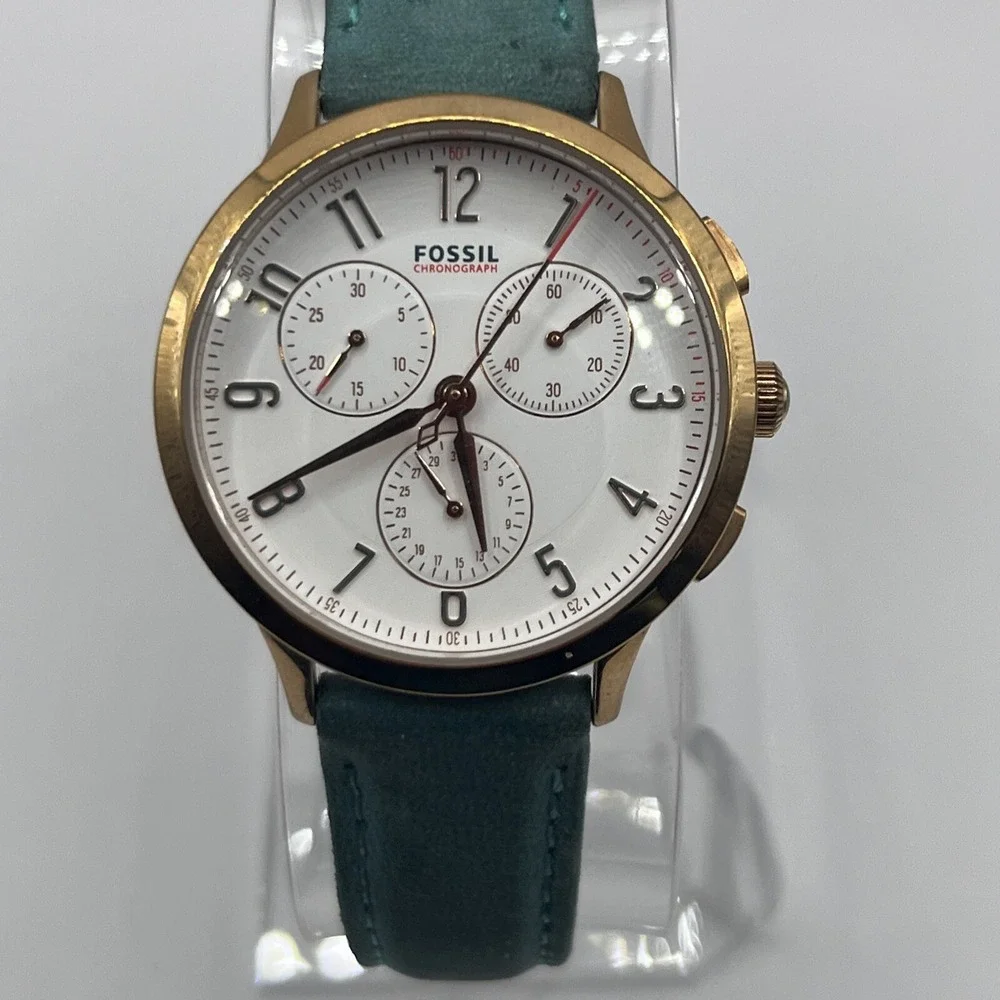 Fossil Abilene Chronograph Teal Leather‎ Strap Watch CH3089- New Battery!
